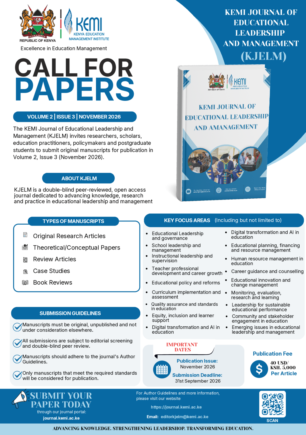 Homepage Call for Papers - KEMI Journal of Educational Leadership and Management (KJELM) Volume 2 Issue 3 November 2026